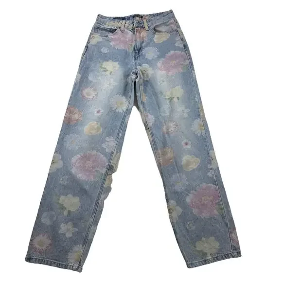 Wild Fable Jeans Women Sz 0 High Rise Light Wash Floral Pattern 90's Festival - Picture 2 of 12